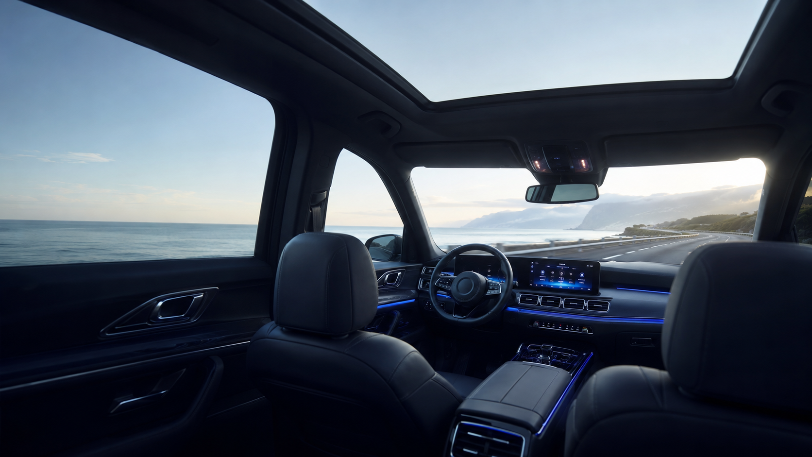 Interior premium de um veículo em uma estrada litorânea